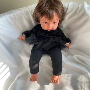 M Llorens Talking Baby Doll Brown Eyes and Hair Dressed In Cat Outfit Made Spain